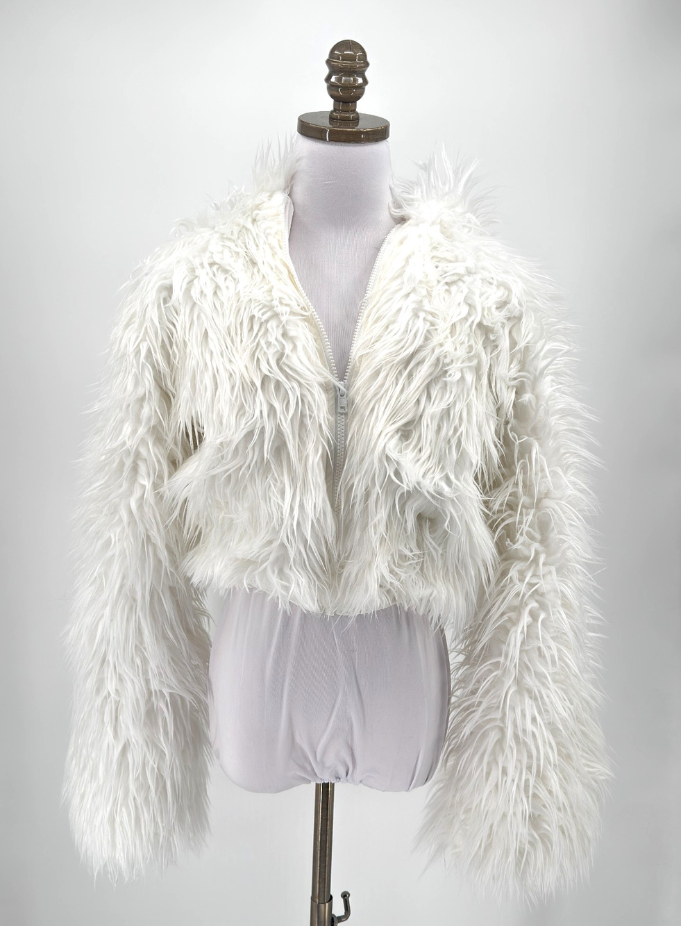 J. Valentine White Shaggy Faux Fur Rave Festival Hooded Cropped Jacket Sz M/L